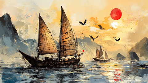 水墨山水画帆船