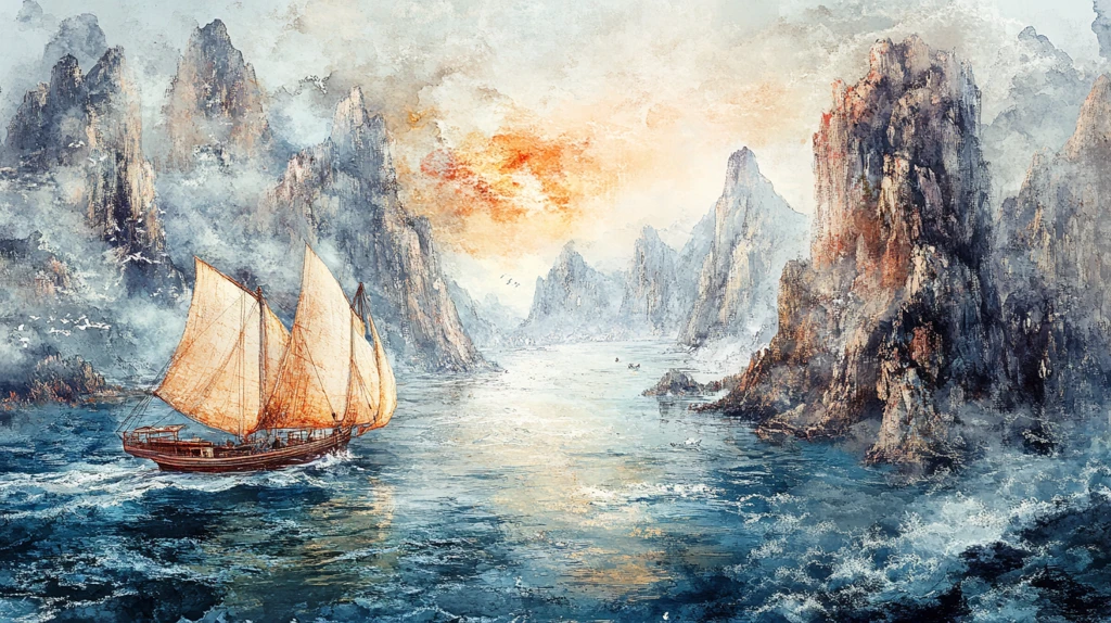 山峰渔船群山油画壁画