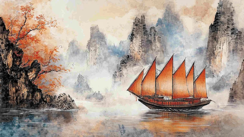 水墨山水画帆船