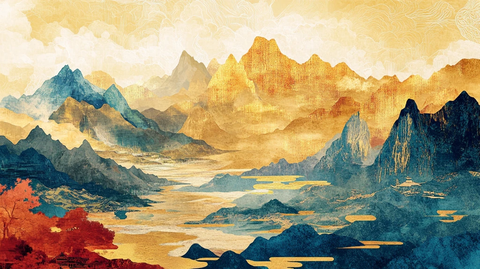 金色水墨群山背景墙