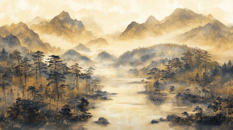 山水风光禅意水彩画