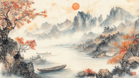 红日水墨山水