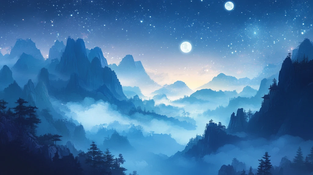 意境图片星月山川挂图