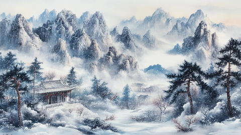 风雪流水山脉油画