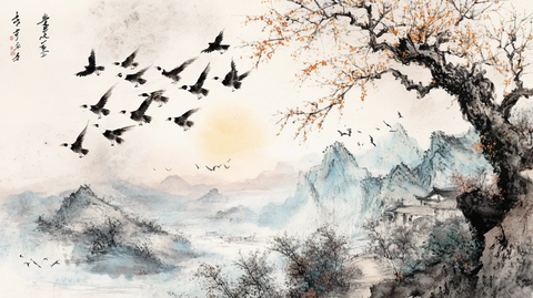 飞鸟山水画