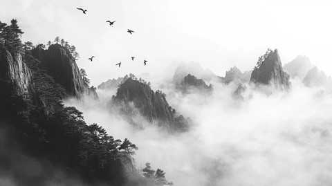 墨韵禅意山峰云雾意境