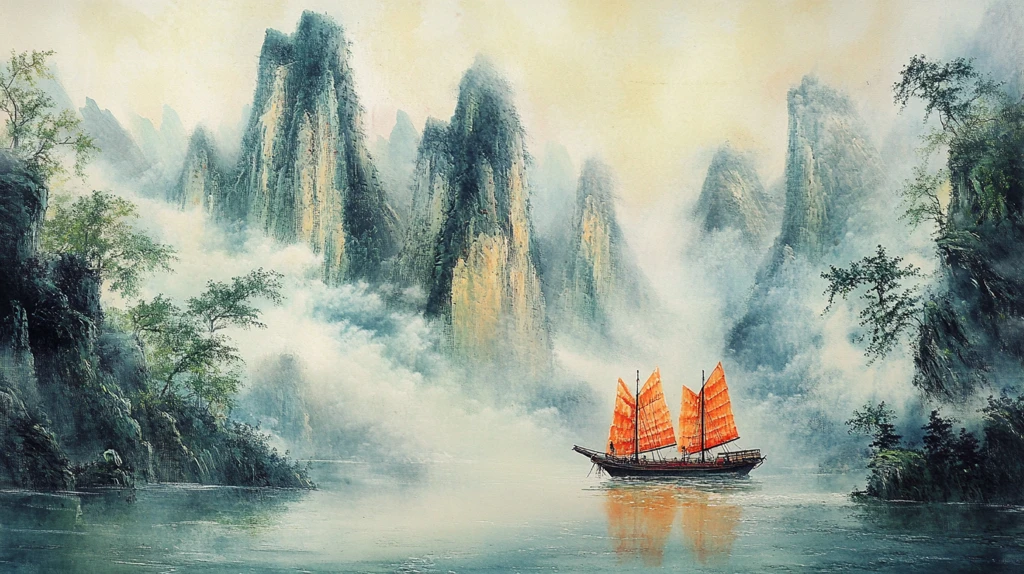 舟河流山峰背景墙