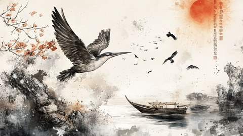 水墨船墨痕飞鸟