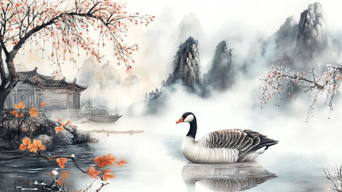 新中式山水银杏叶花鸟