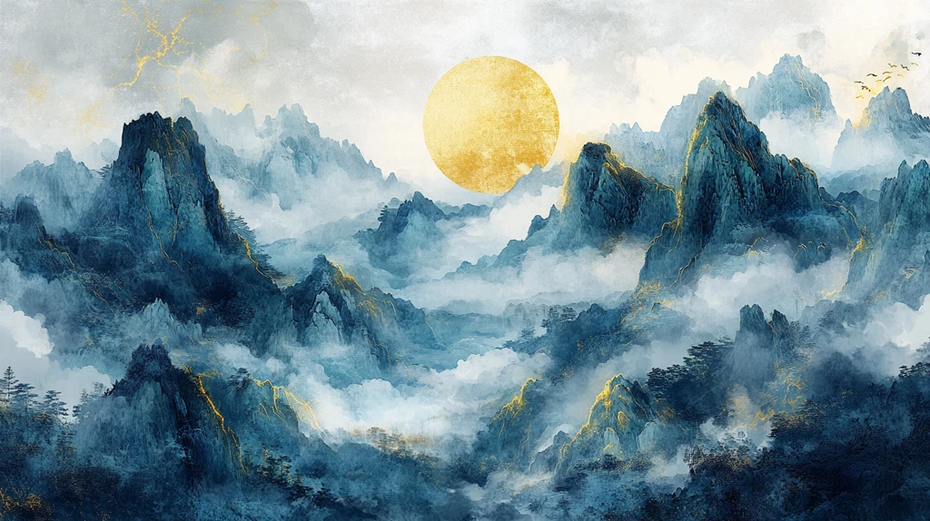 日落水墨画日落群山