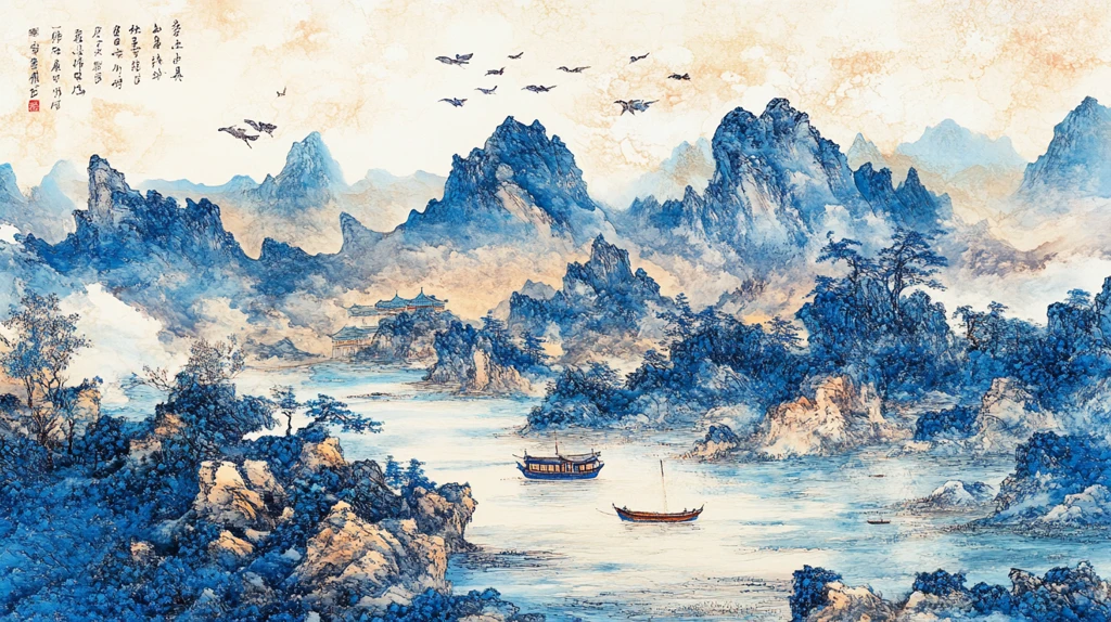 蓝色经典巨幅山水