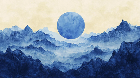 日落水墨画日落群山