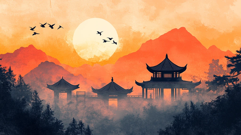 仙鹤楼阁古风山水画