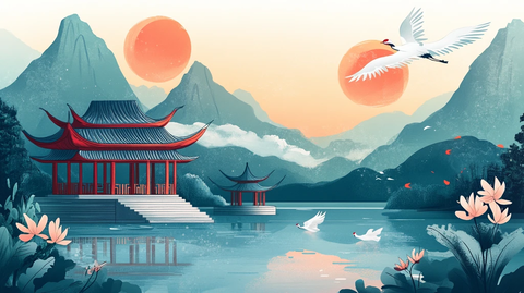 仙鹤楼阁山水插画