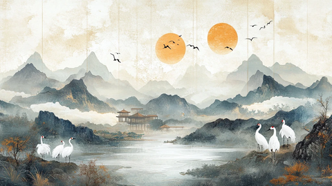 仙鹤古风山水插画