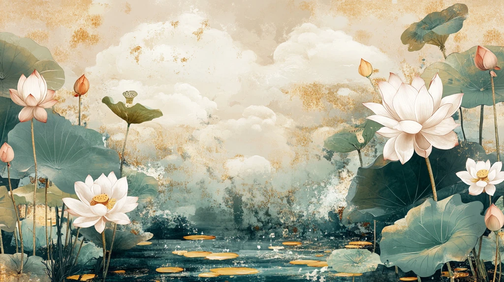 新中式大幅荷花壁画