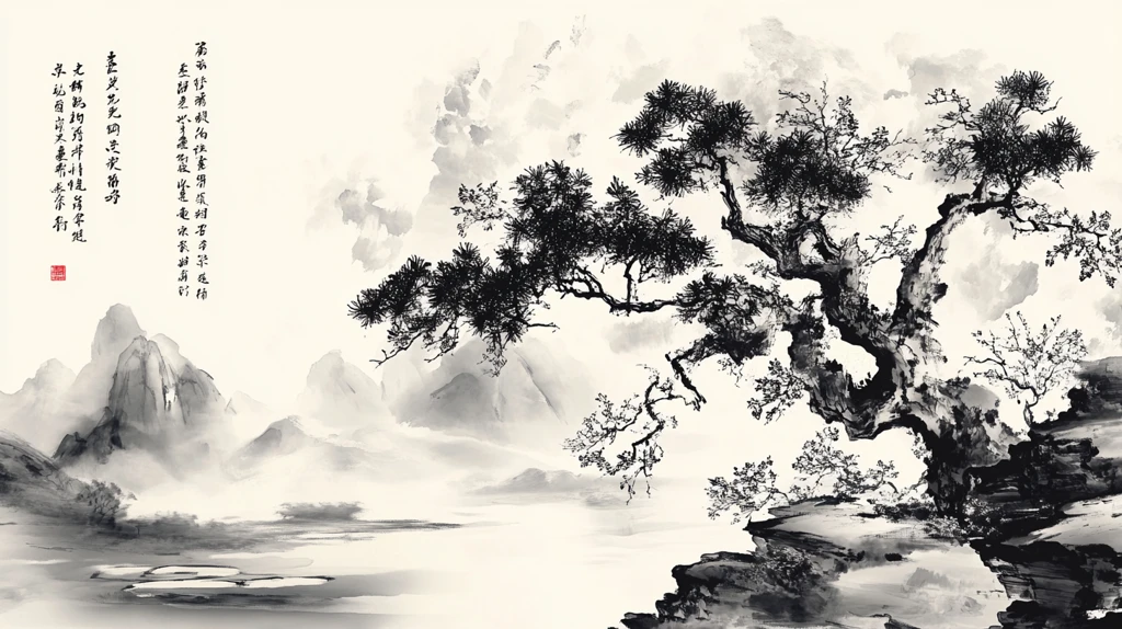 水墨迎客松远山