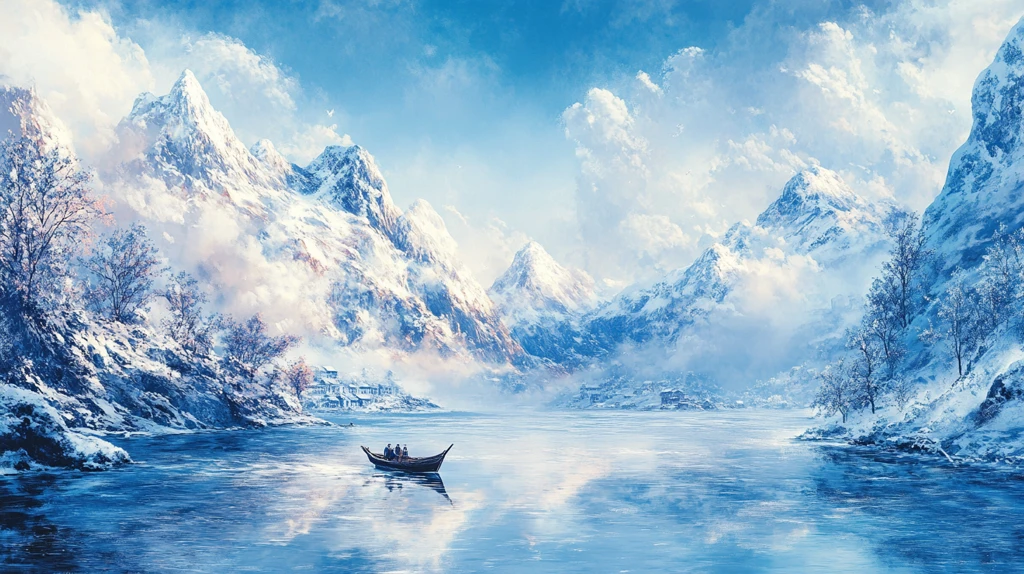 雪山渔舟河流山峰环保
