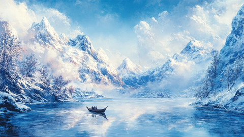 雪山渔舟河流山峰环保