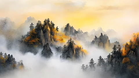 淡雅金色烟雾山水