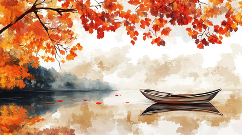 秋季河流森林小船