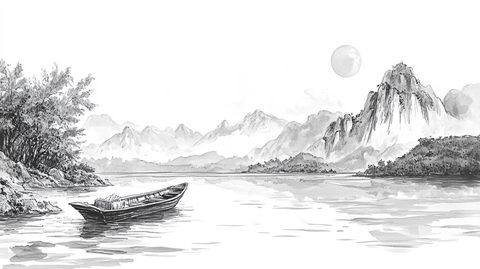 线描古风江景山水