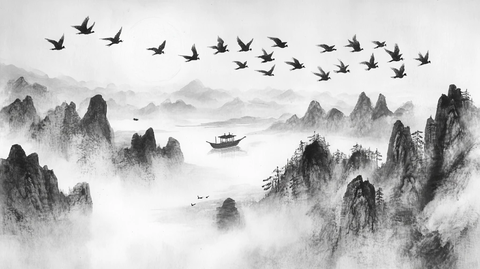 中式意境山水画瑞鹤图