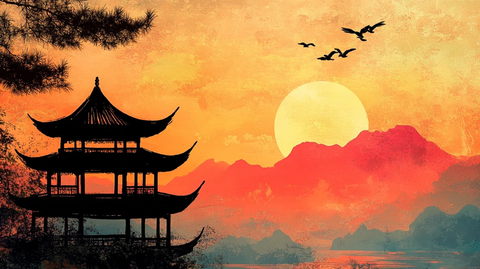 仙鹤楼阁古风山水画