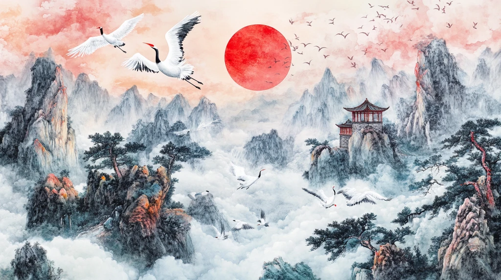 旭日东升楼阁山水画