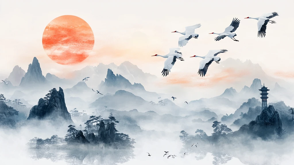 仙境仙鹤水墨山水画