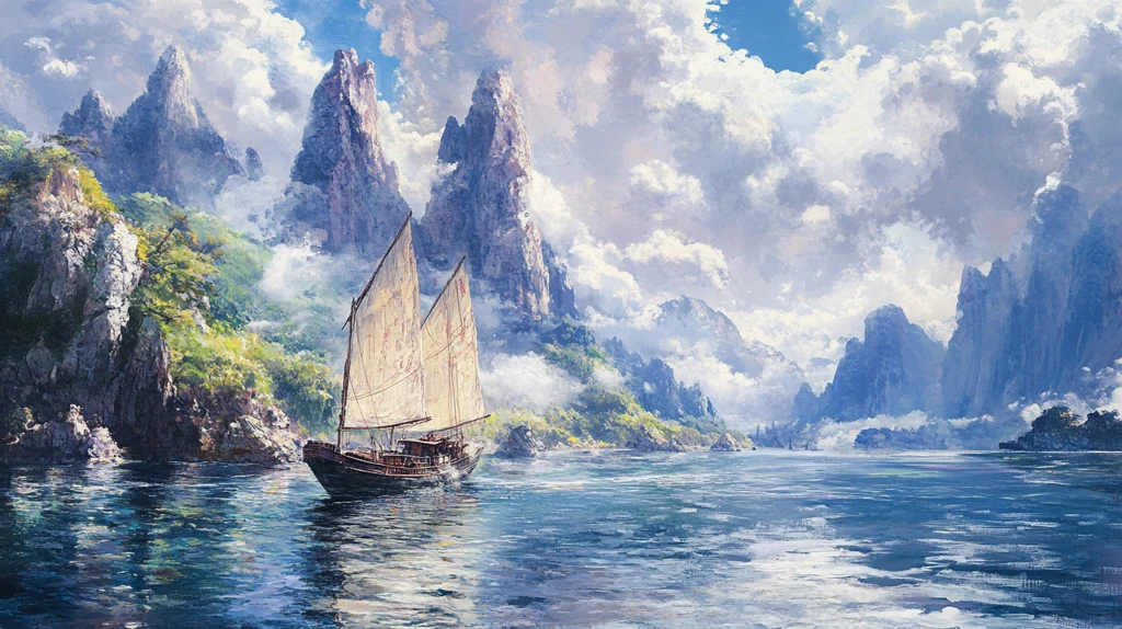 山峰渔船群山油画壁画