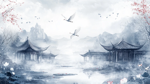 楼阁建筑仙鹤背景墙