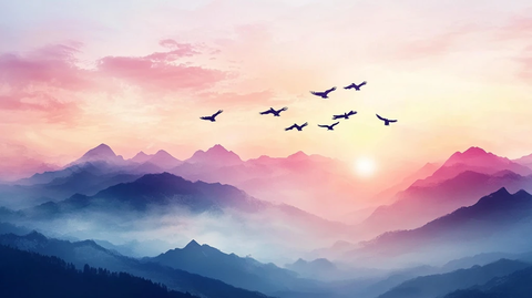 群山远山树木日出大雁