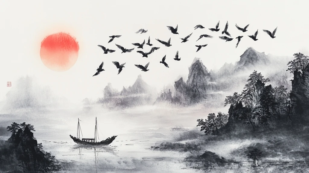 旭日东升水墨画