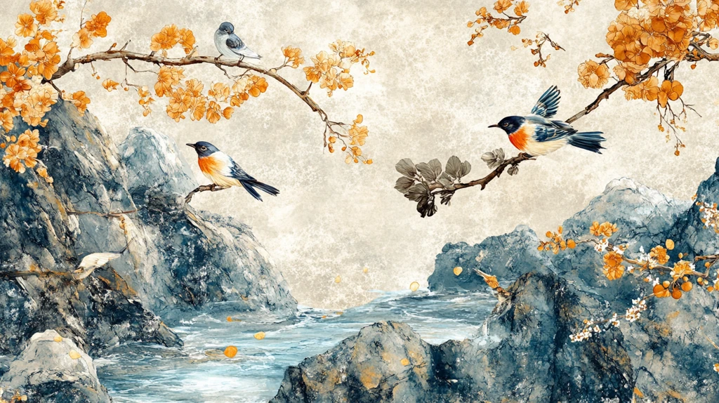 意境水墨花鸟墙纸壁画