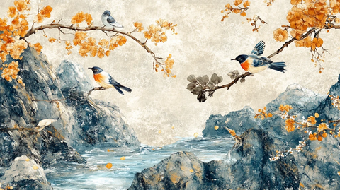 意境水墨花鸟墙纸壁画