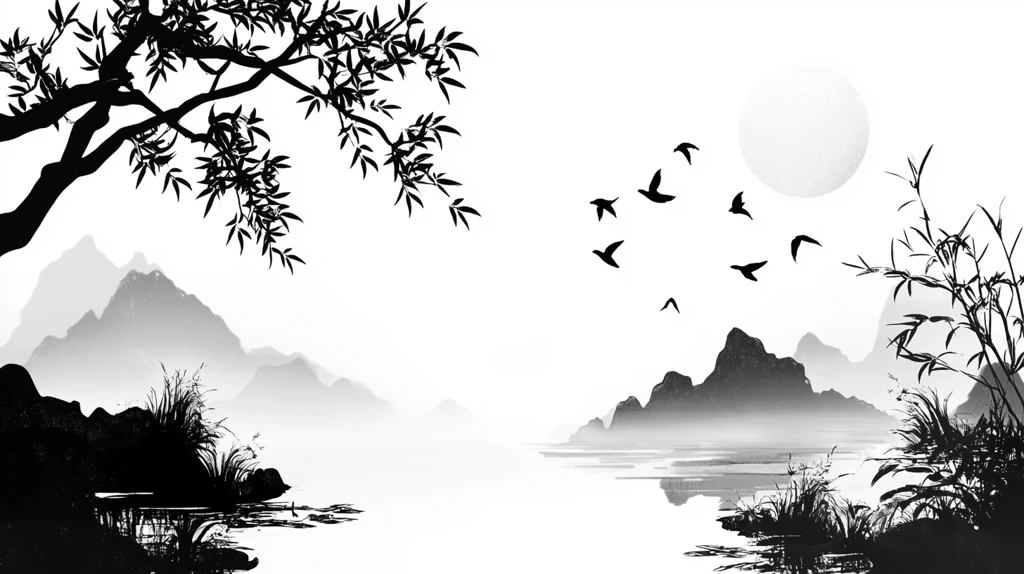 黑白意境屏风山水画