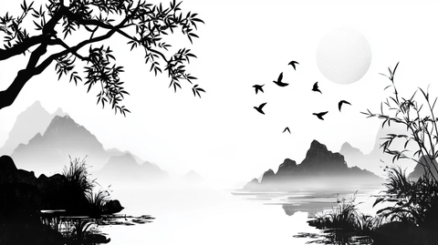 黑白意境屏风山水画