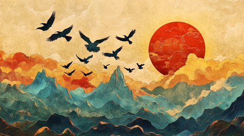 插画飞鸟落日