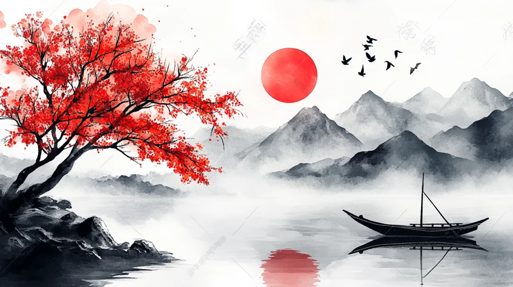 红日出东方意境中式画