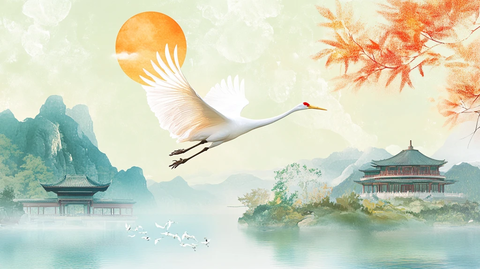 仙鹤古风山水插画