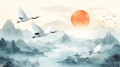 仙鹤古风山水插画