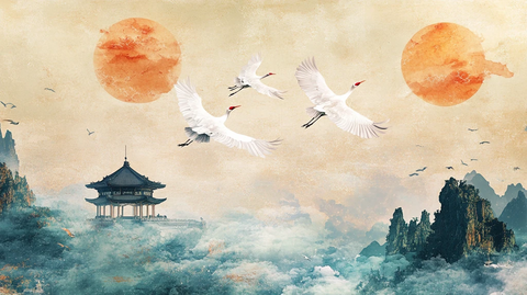 仙鹤古风山水插画