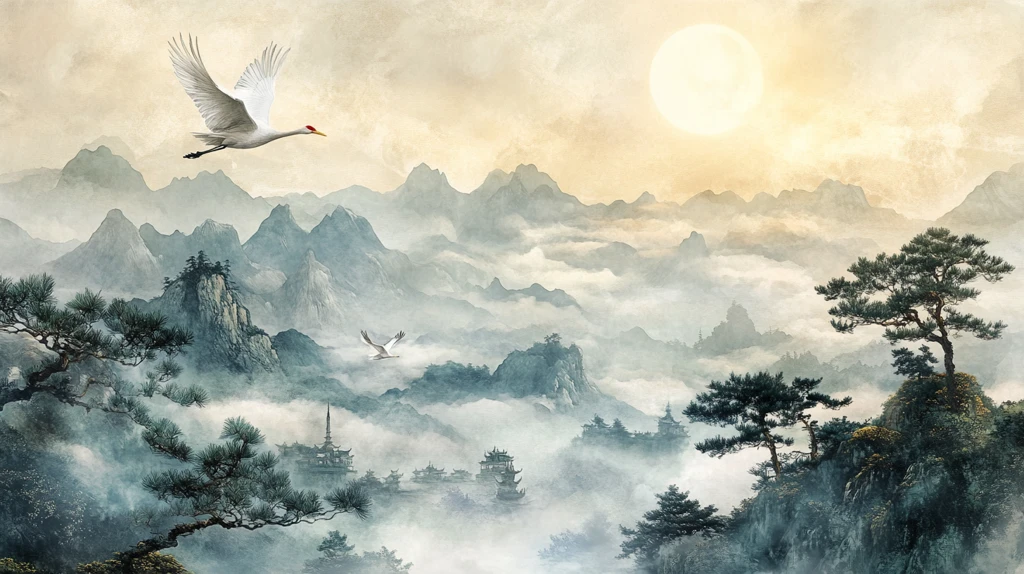 仙境仙鹤水墨山水画