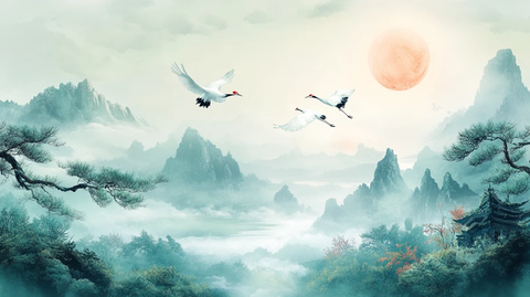 仙鹤古风山水插画