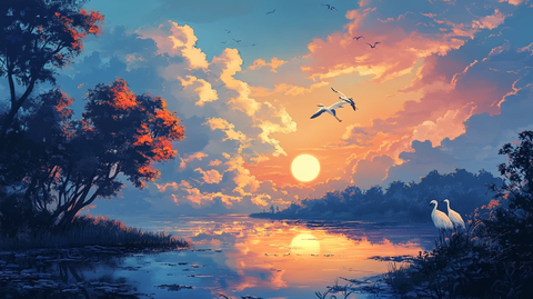 插画飞鸟落日