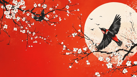 古风红梅花鸟插画