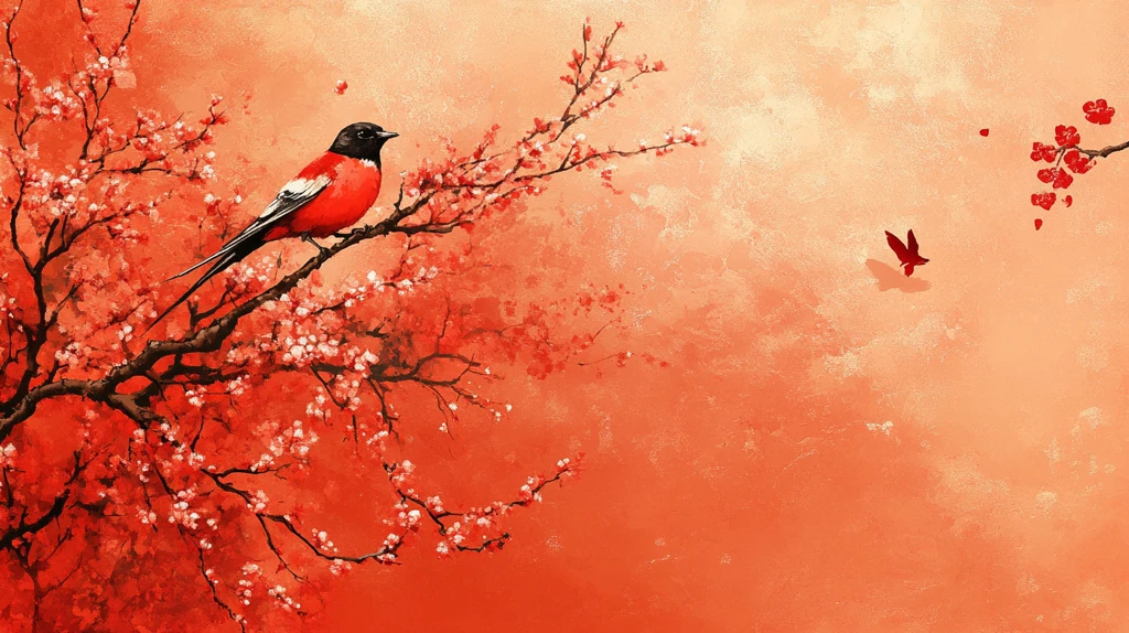 古风红梅花鸟插画