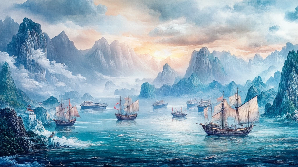 山峰渔船群山油画壁画