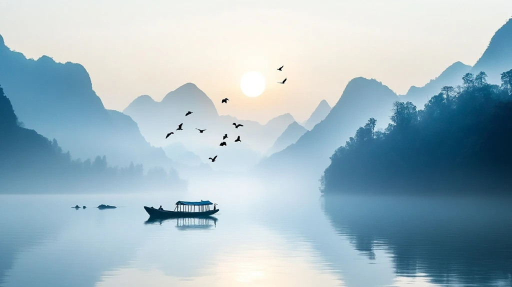 溪流小船白鹤落日山峦